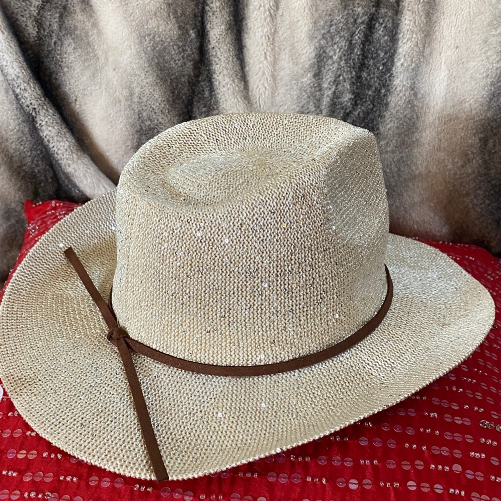 Designer Sparkling Nude Color Nude Sequins Cowboy Hat Adjustable Rim Interior - Picture 8 of 16